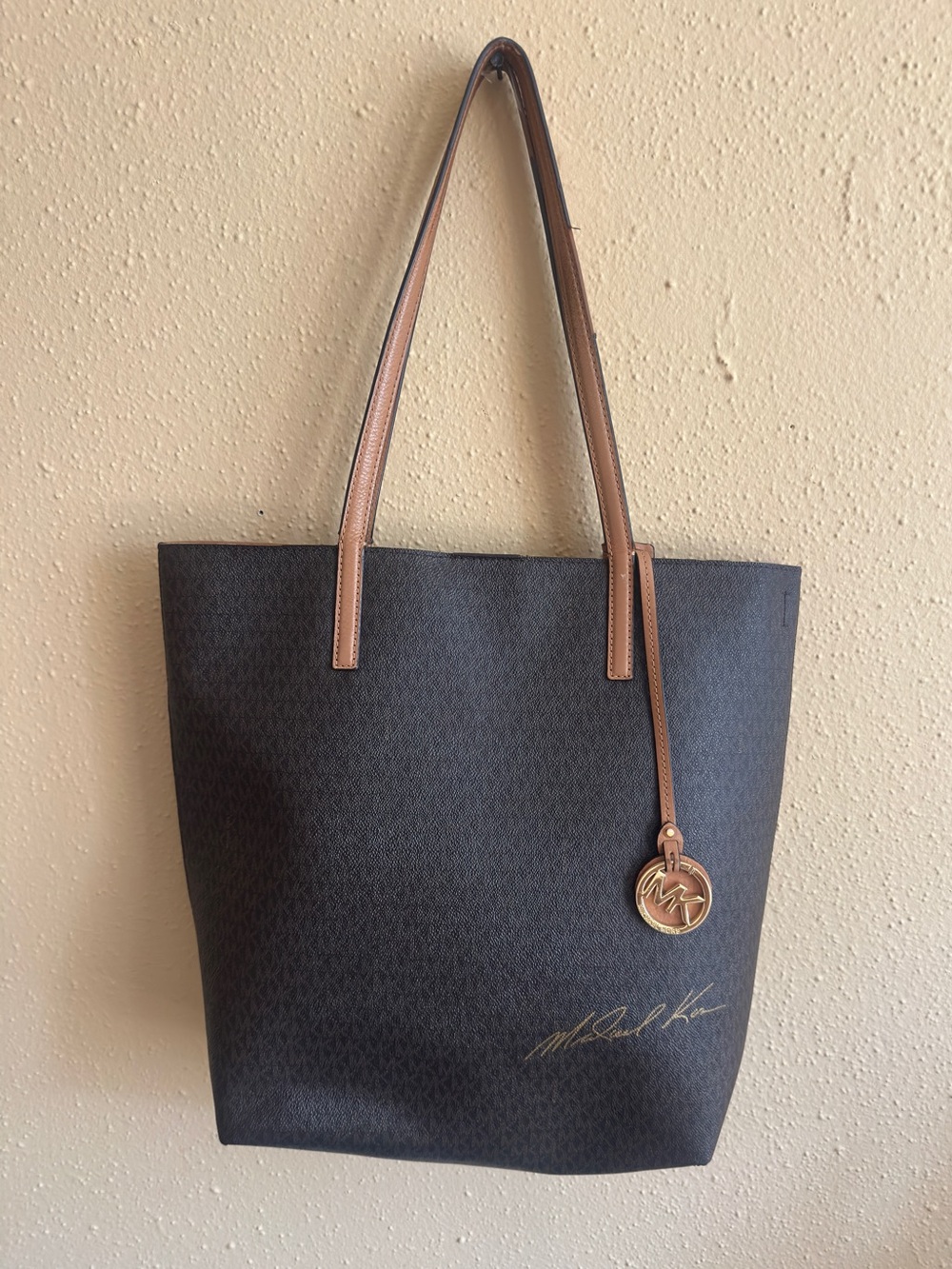 Michael Kors Dark Brown Monogram Tote with Tan Shoulder Straps and Clip-in Walle